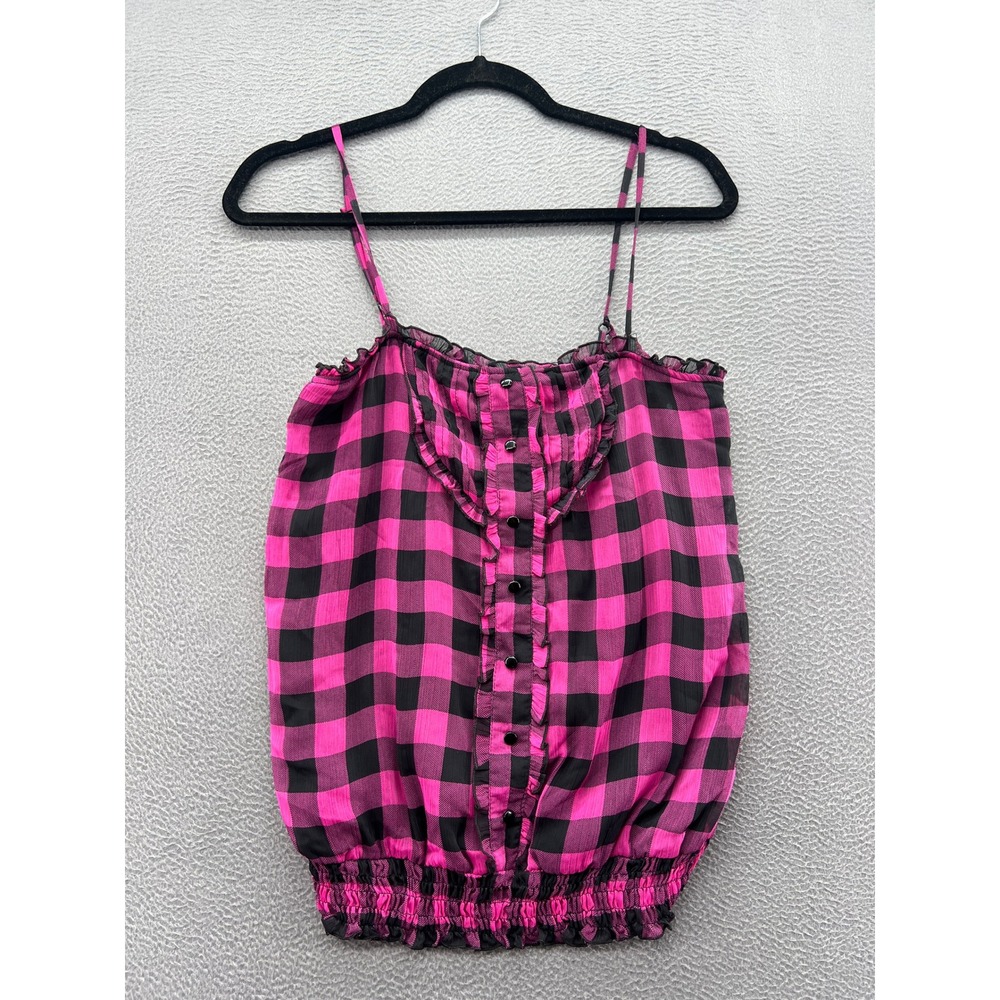 Fleurish Tank Top Sz M Pink Black Plaid Camisole Ruffle Button Front Smocked Hem